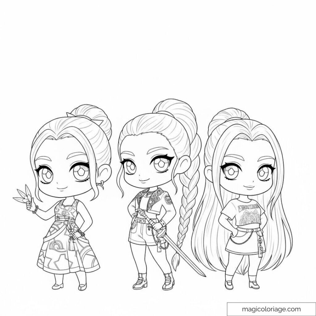 Three chibi-style girls in line art coloring page