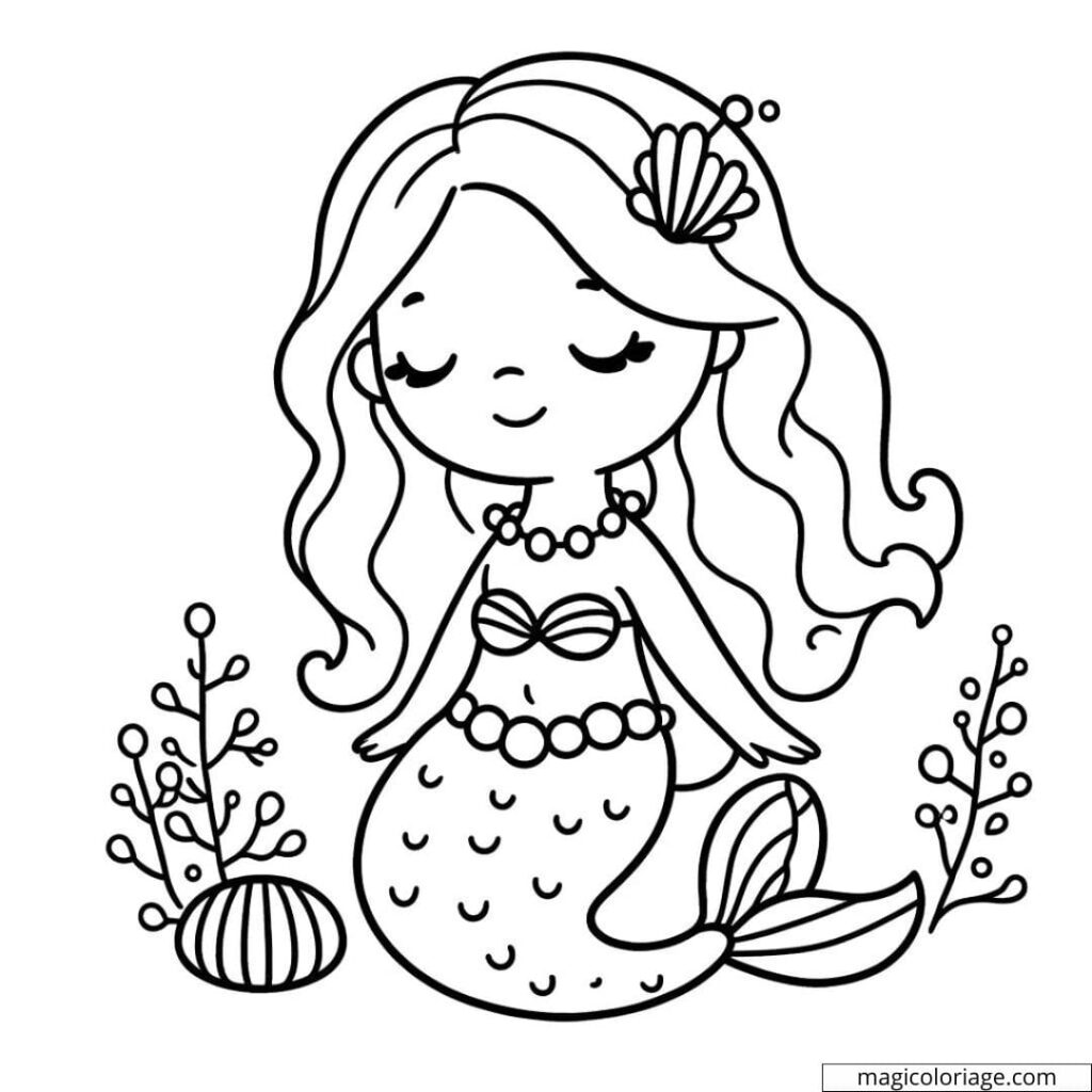 Cute mermaid coloring page with seashells and plants