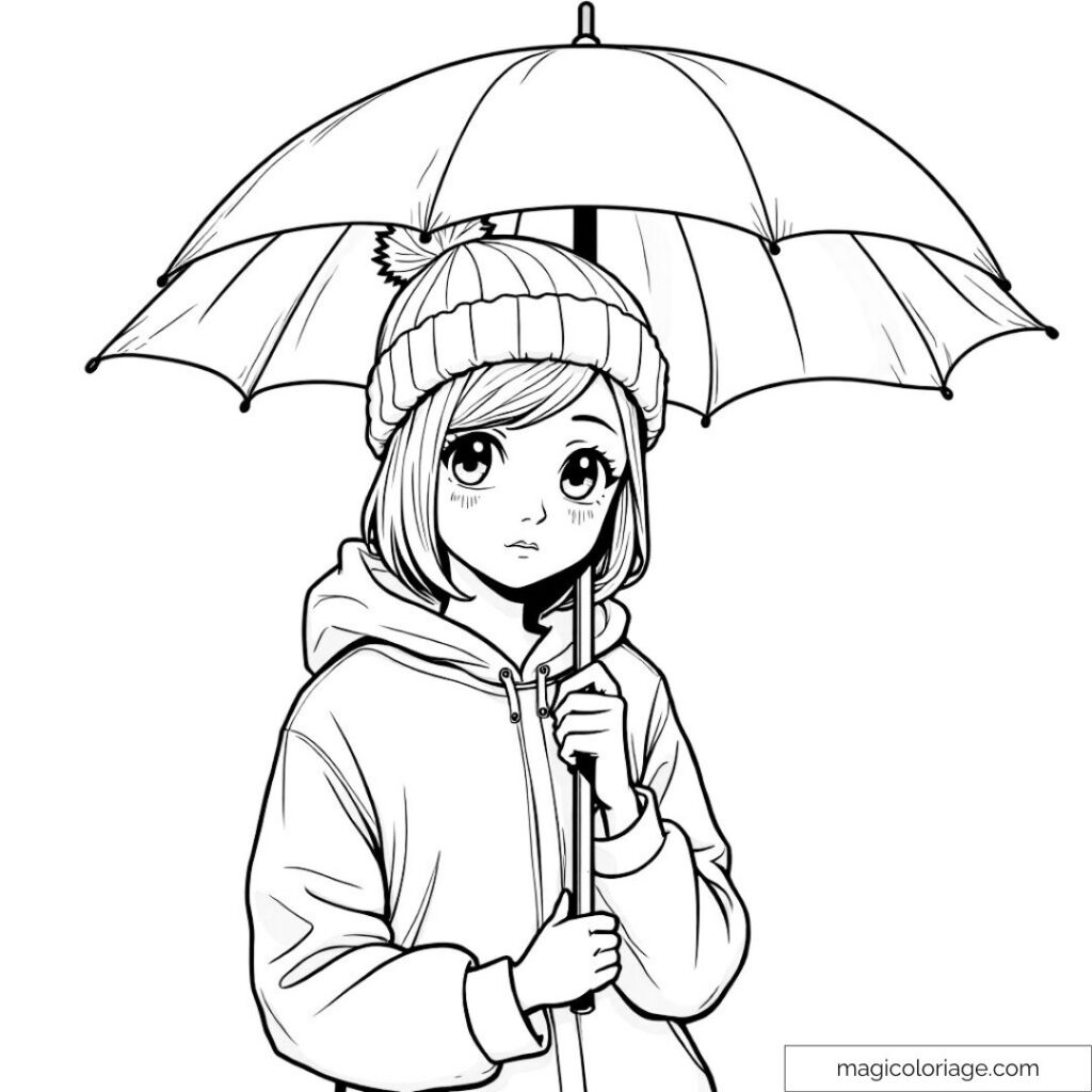 Black-and-white drawing of girl holding umbrella