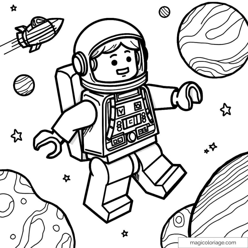 Cartoon astronaut floating among planets and stars
