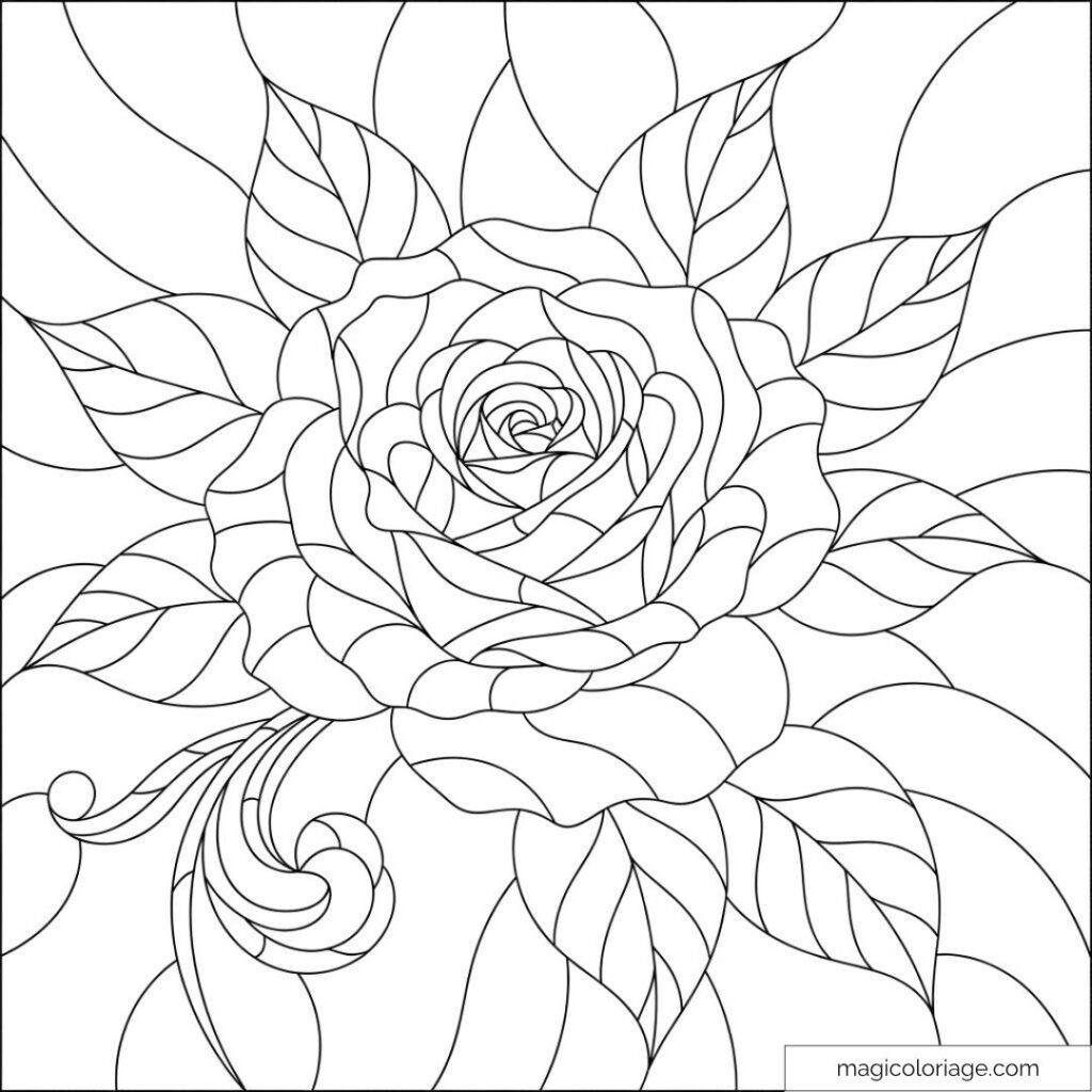 Black and white rose coloring page with leaves