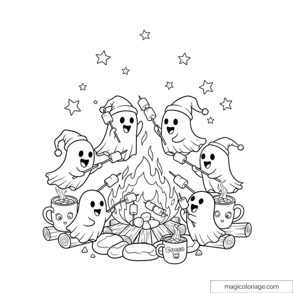 Cartoon ghosts roasting marshmallows around a campfire