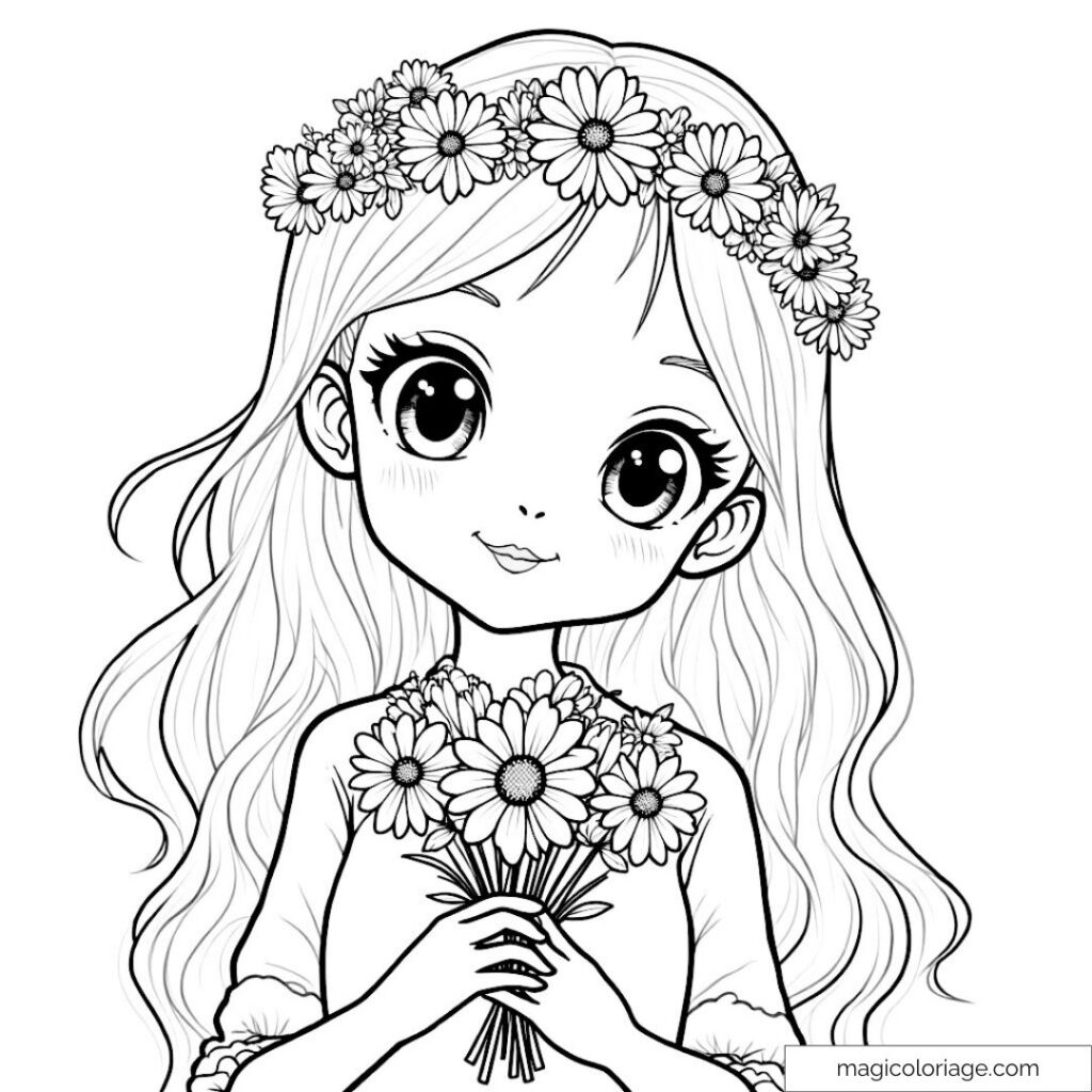 Black-and-white drawing of girl holding flowers