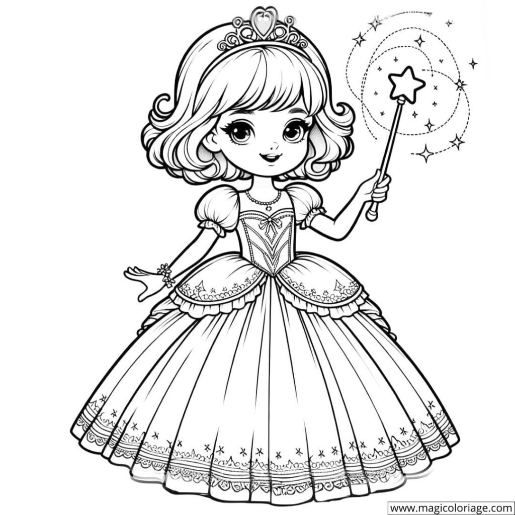 Black-and-white princess coloring page with wand