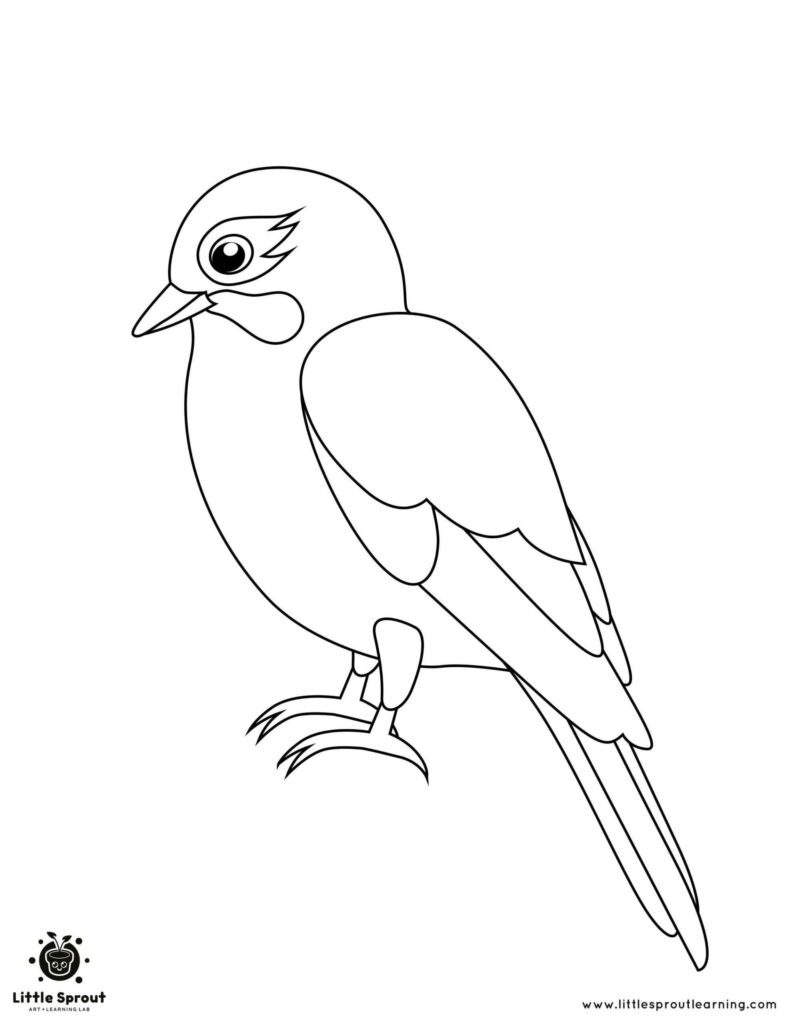 Black line drawing of a perched bird on white background
