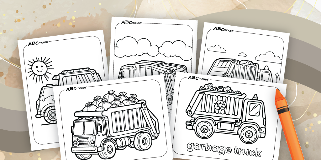 Stacked garbage truck coloring pages and crayon on beige background