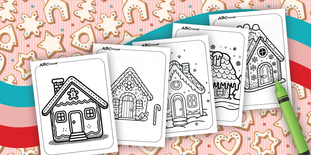 Five gingerbread house coloring pages with crayons