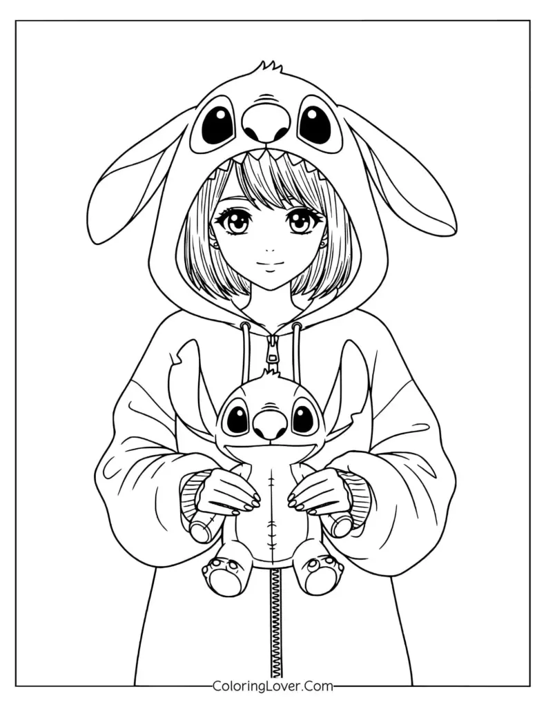 Anime girl in bunny hoodie holding plush toy
