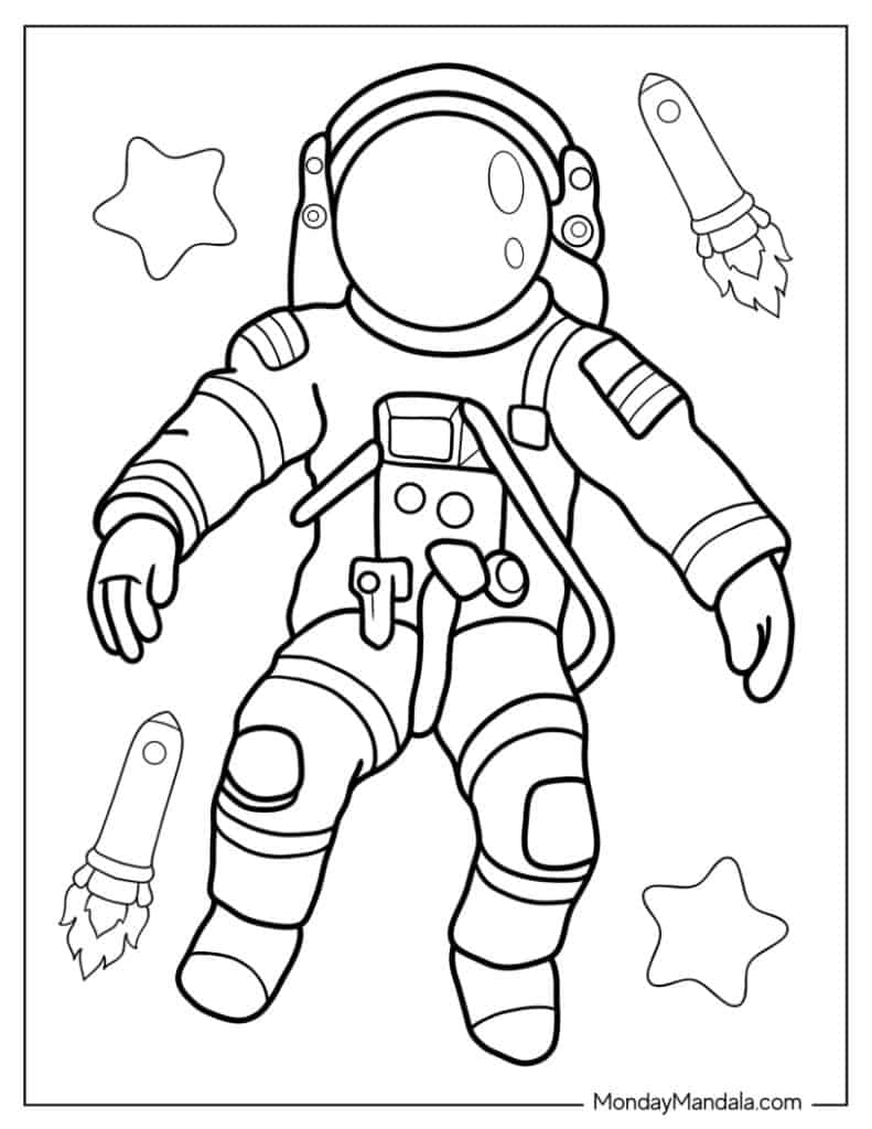 Black-and-white astronaut coloring page with stars and rockets
