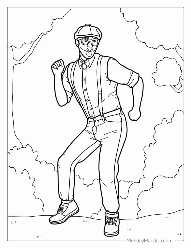 Line drawing of a dancing man in suspenders and helmet