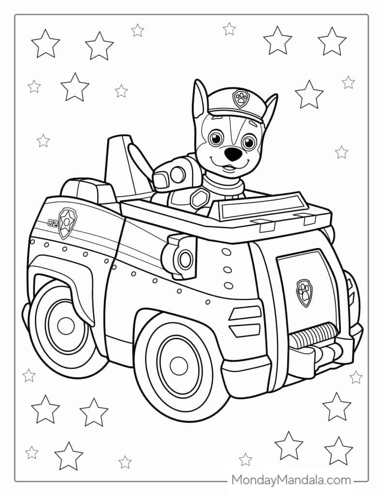 Line drawing of a puppy in a rescue truck among stars