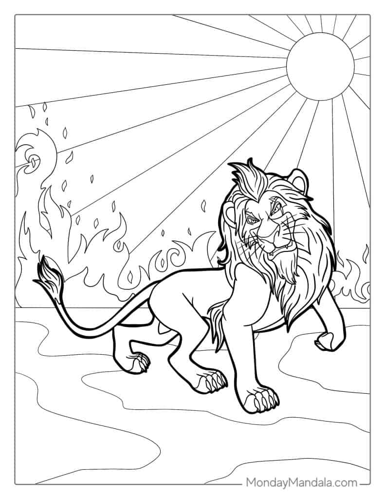 Black-and-white lion coloring page with sun and flames