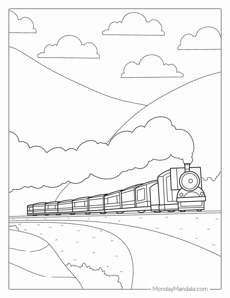 Black-and-white coloring page of a steam train landscape