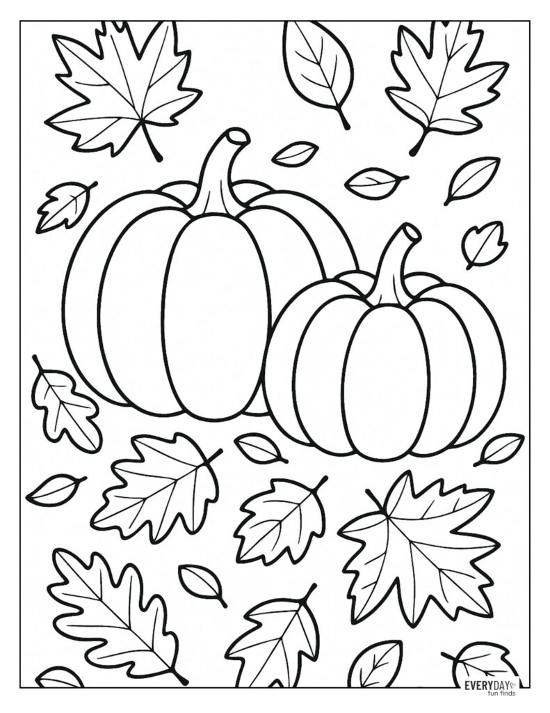 Pumpkins and autumn leaves coloring page line art
