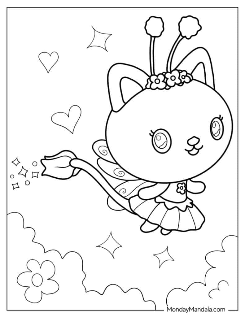 Cute fairy cat with hearts and stars coloring page