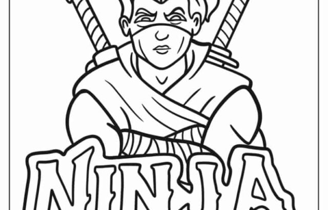 Black-and-white ninja cartoon with swords and NINJA text