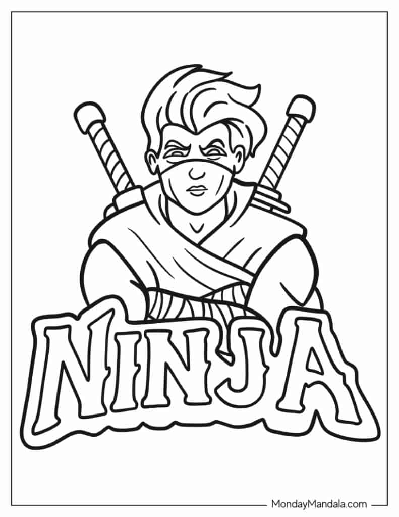 Black-and-white ninja cartoon with swords and NINJA text