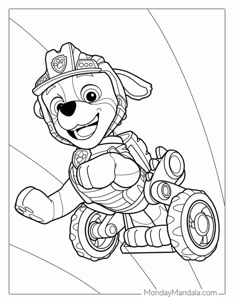 Cartoon dog in helmet riding a tricycle