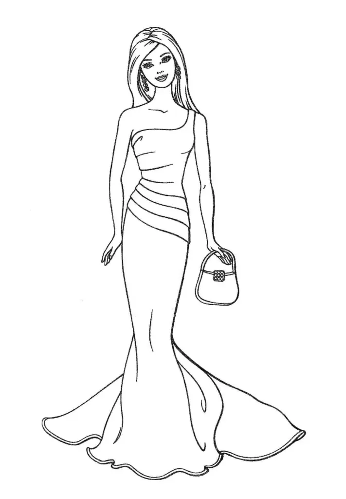 Black-and-white drawing of woman in long gown holding handbag