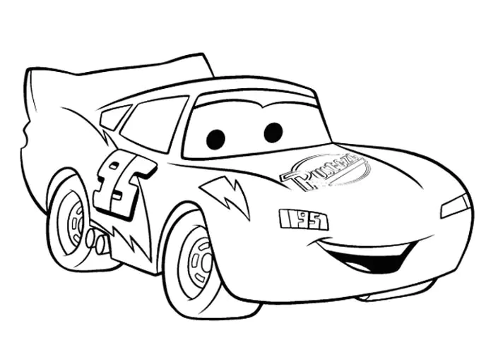 Cartoon race car coloring page with smiling face and number 95