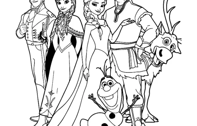 Black-and-white Frozen characters standing together on white background