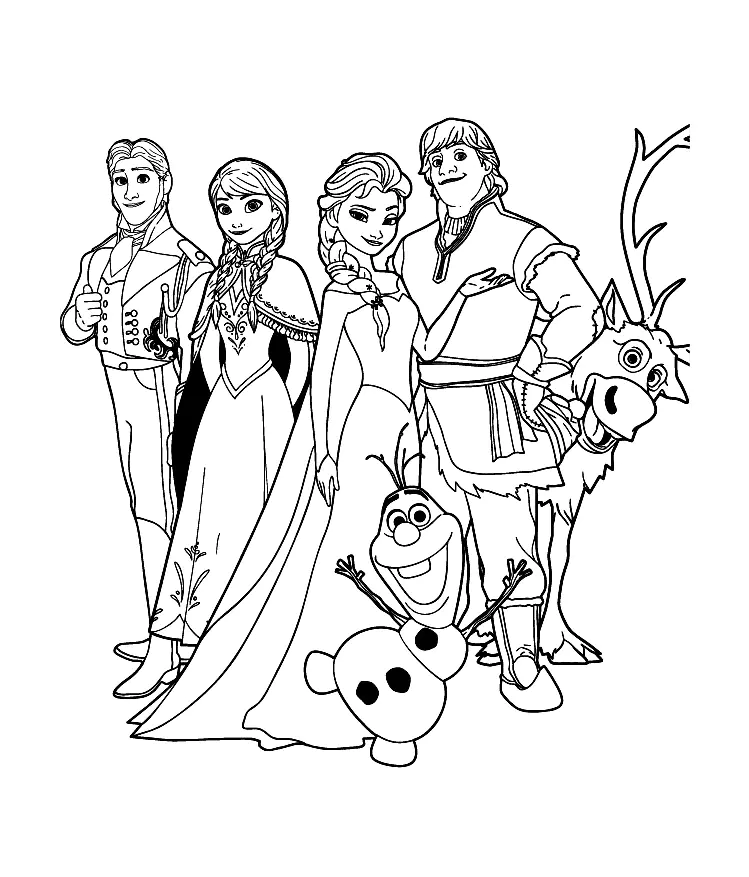 Black-and-white Frozen characters standing together on white background