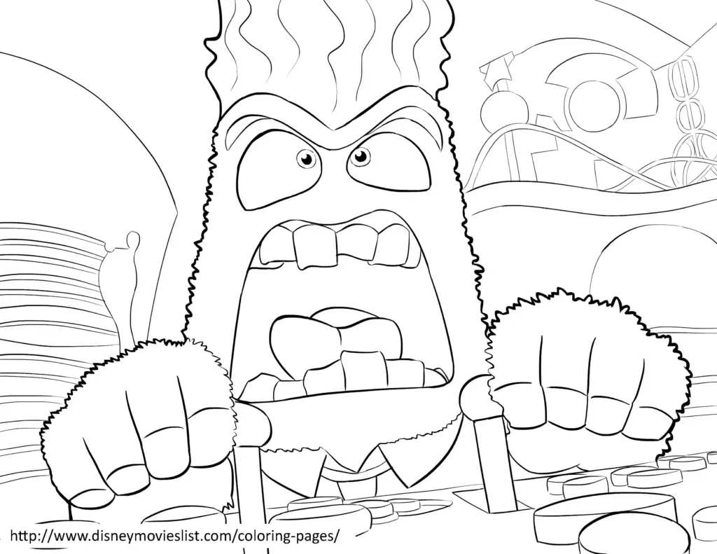 Cartoon monster glaring and grabbing control levers, black-and-white line art