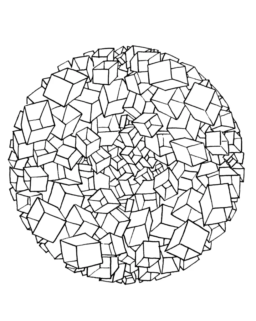 Sphere made of many outlined cubes on white background