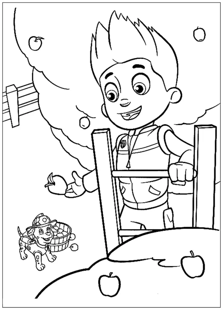 Black-and-white cartoon boy with floating apples and dog carrying basket