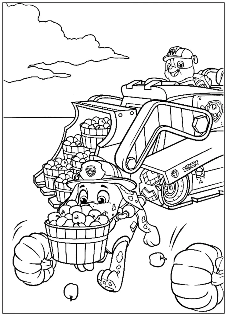 Line drawing of two cartoon dogs harvesting apples from a vehicle