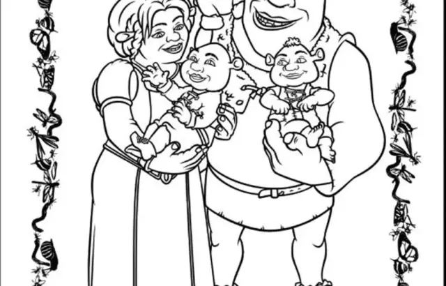Shrek family coloring page with decorative border