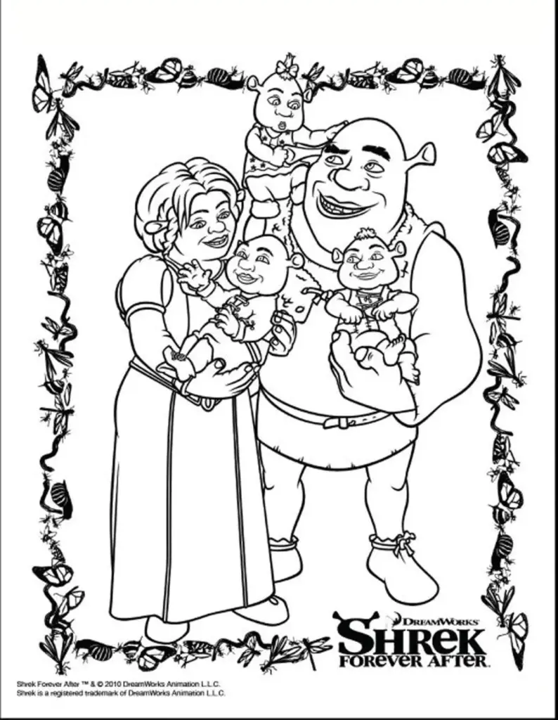 Shrek family coloring page with decorative border
