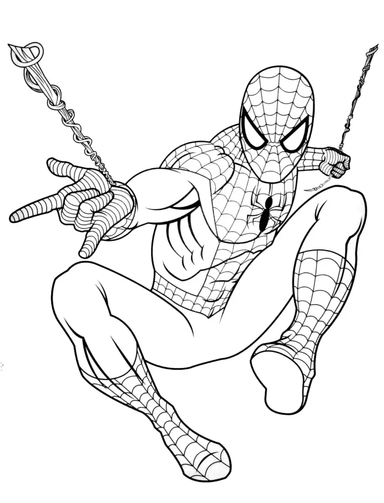 Black-and-white Spider-Man coloring page in web-swinging pose