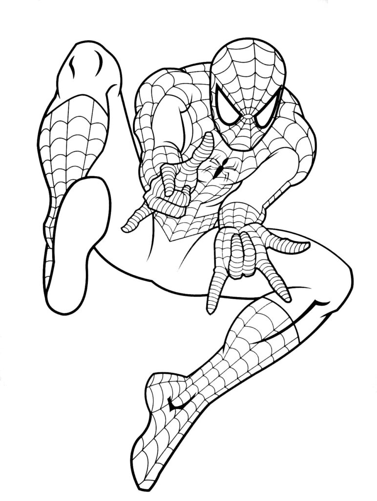 Black-and-white Spider-Man crouching in a dynamic pose