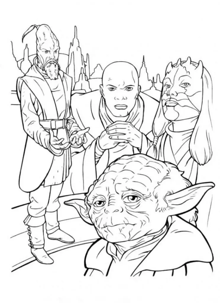 Black-and-white line drawing of four Star Wars characters
