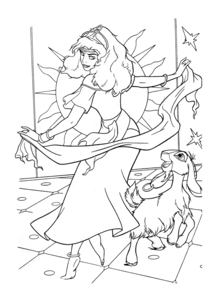 Woman dancing with scarf beside a small goat indoors