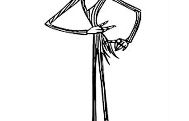 Black-and-white sketch of a tall skeleton figure