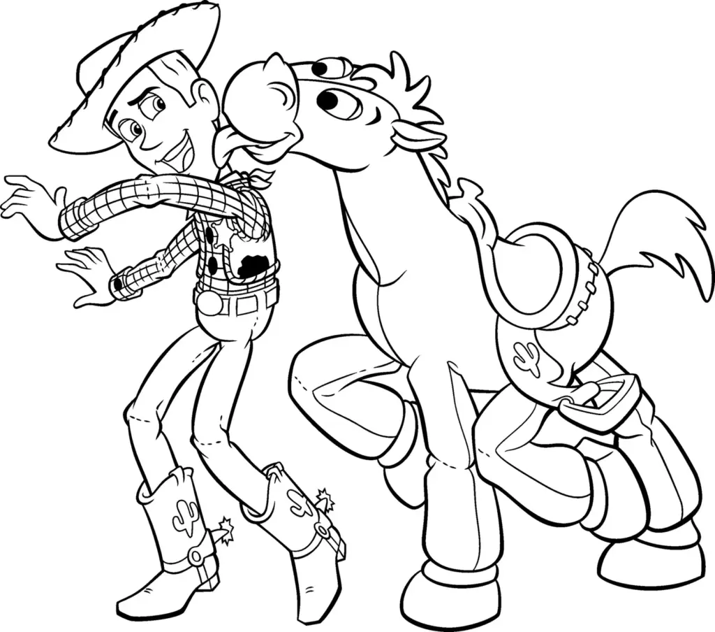Black-and-white cartoon cowboy hugging a horse with saddle