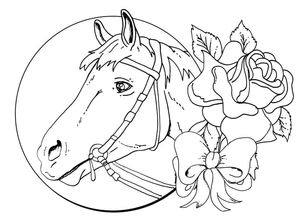 Line drawing of horse head with flowers