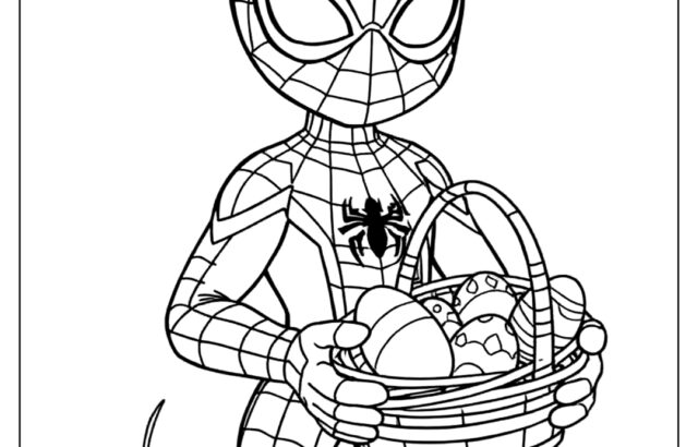Spider-Man holding a basket of decorated eggs