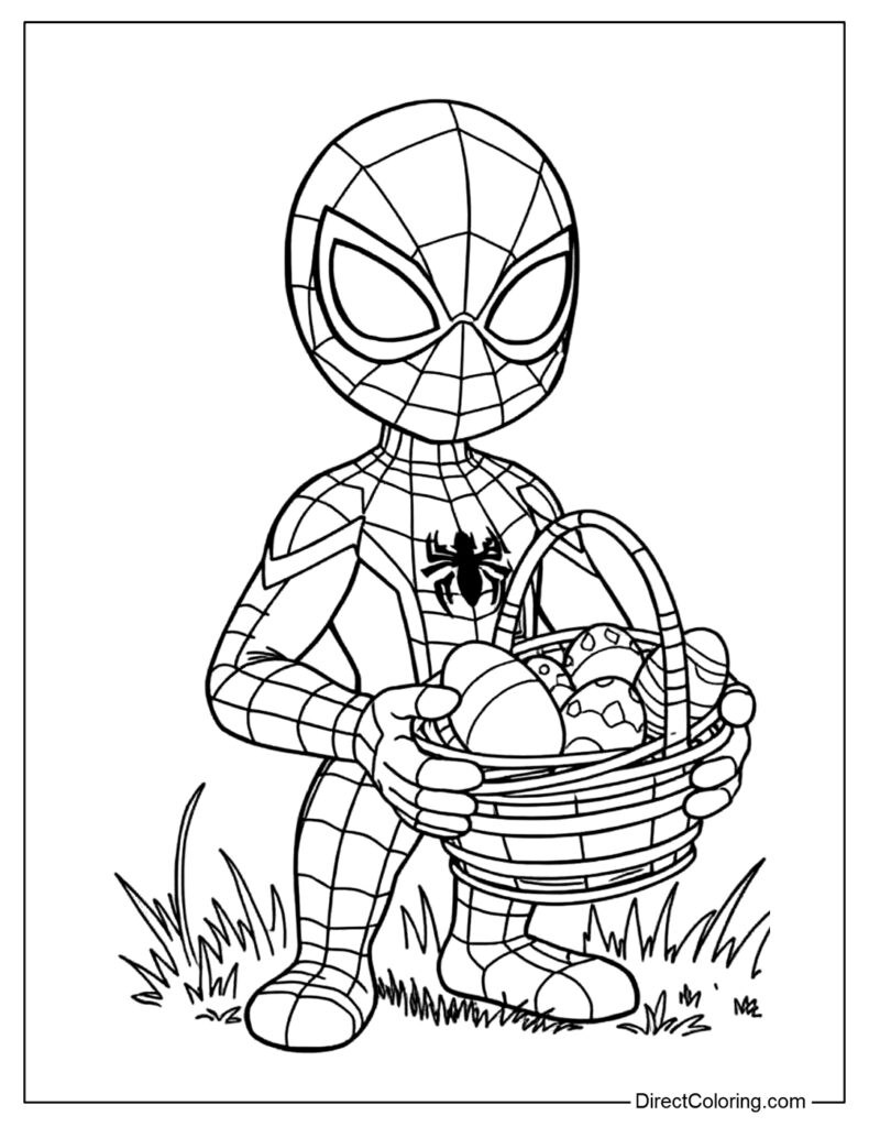 Spider-Man holding a basket of decorated eggs