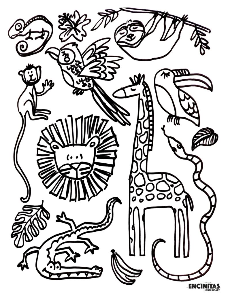 Black-and-white jungle animals coloring page with birds, lion, giraffe, monkey, sloth, crocodile, snake, toucan, and leaves