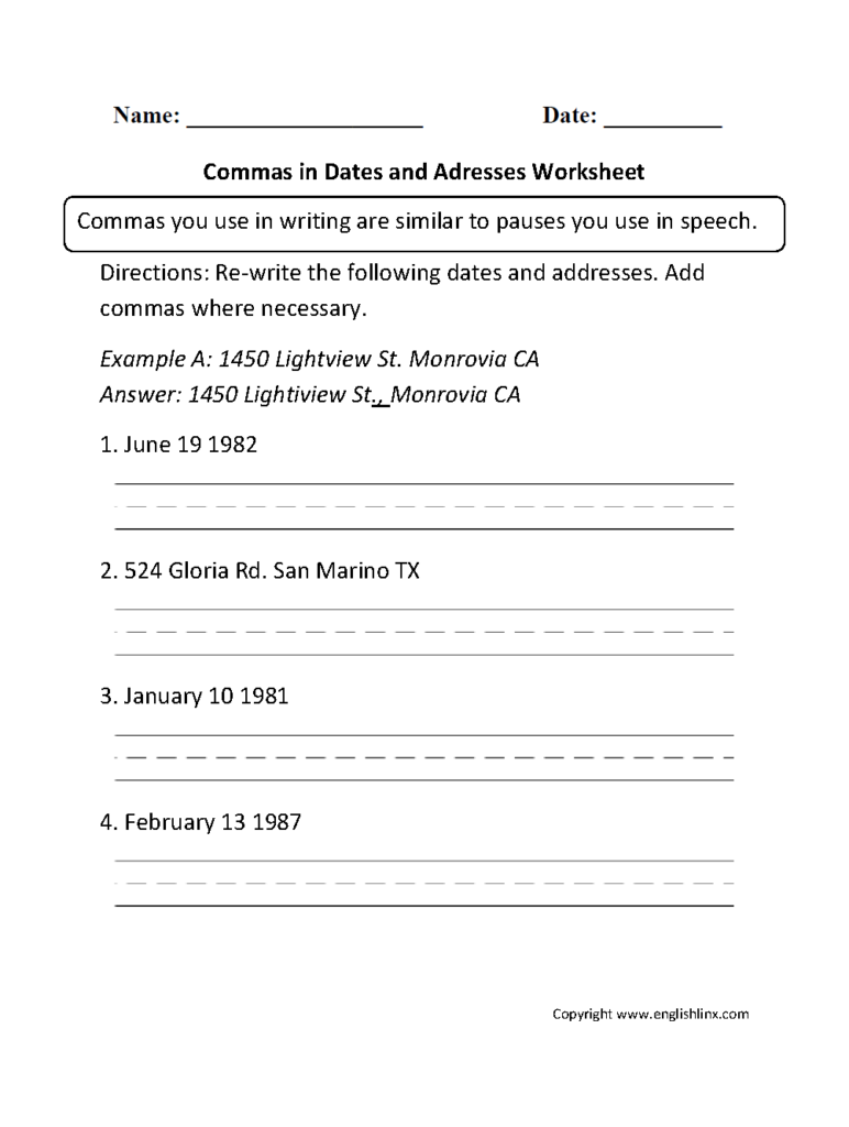 Comma dates and addresses worksheet with blank lines