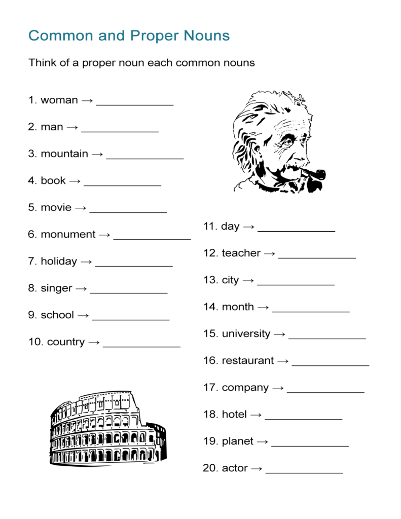 Common and Proper Nouns worksheet with Einstein illustration