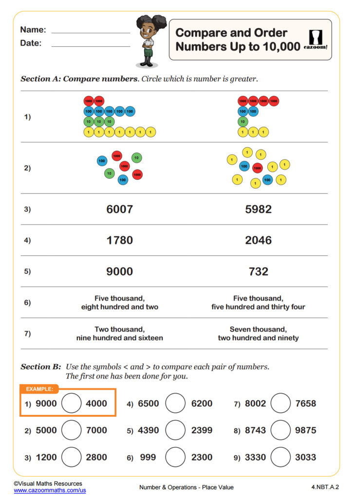 Math worksheet comparing and ordering numbers up to 10,000