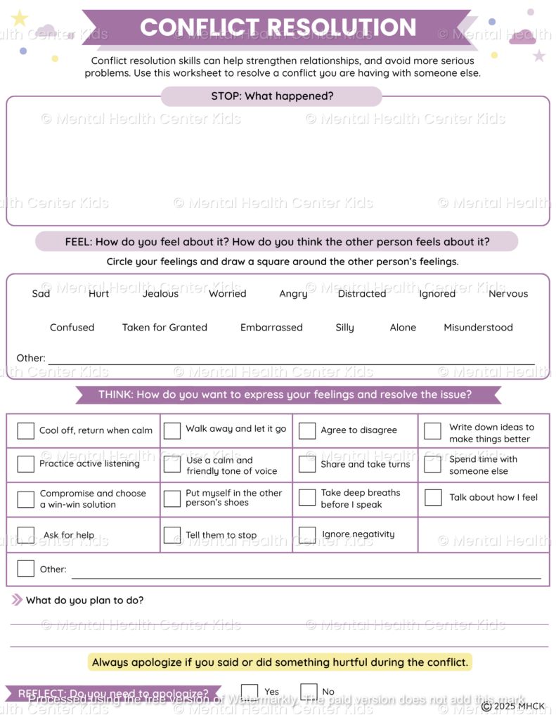 Printable conflict resolution worksheet with checkboxes and prompts