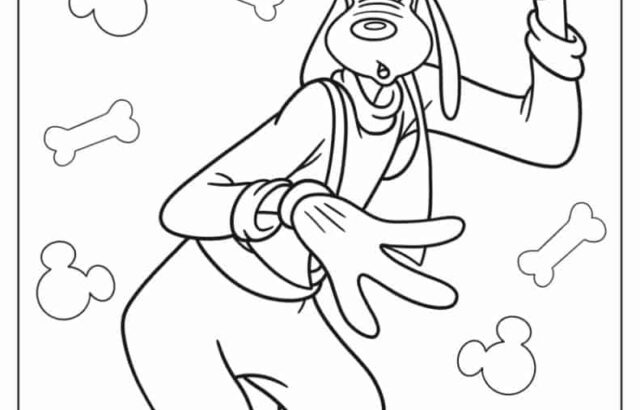 Line drawing of Goofy posing with bones and Mickey heads