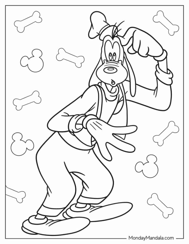 Line drawing of Goofy posing with bones and Mickey heads