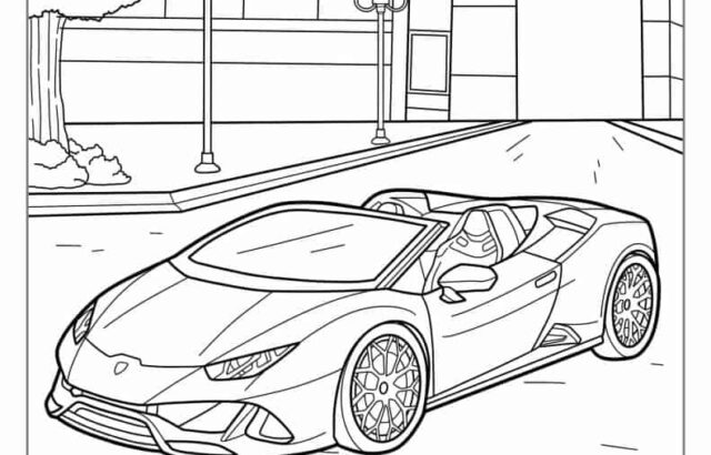 Sports car convertible on city street, line drawing