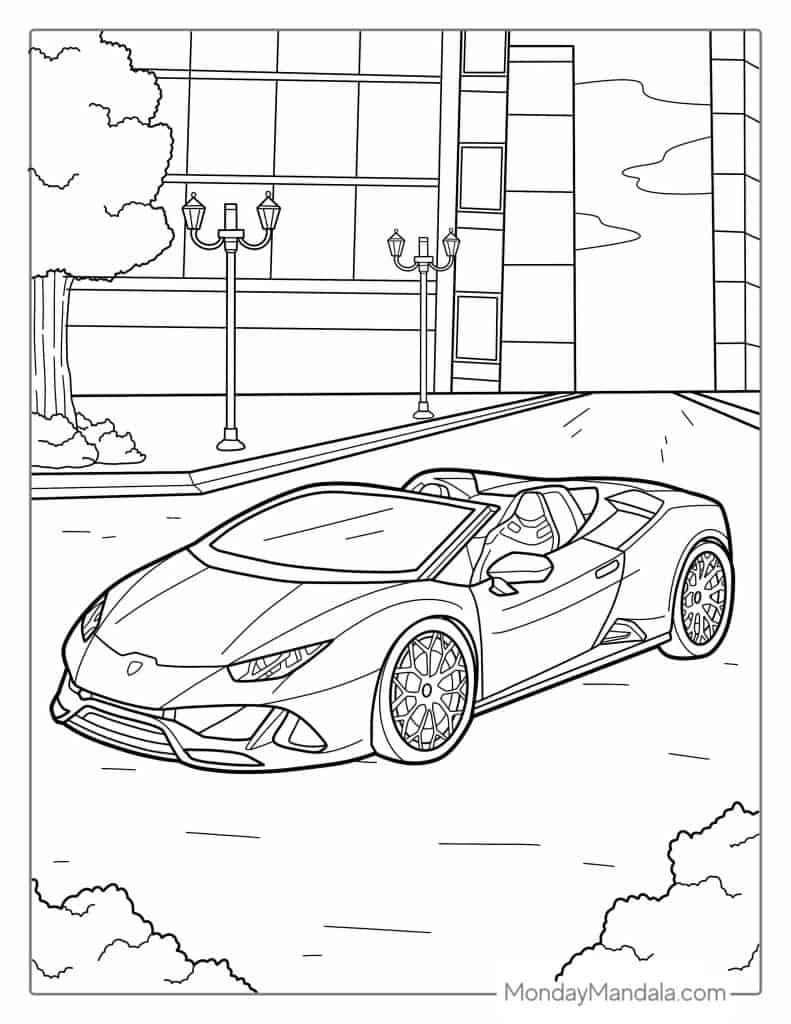Sports car convertible on city street, line drawing
